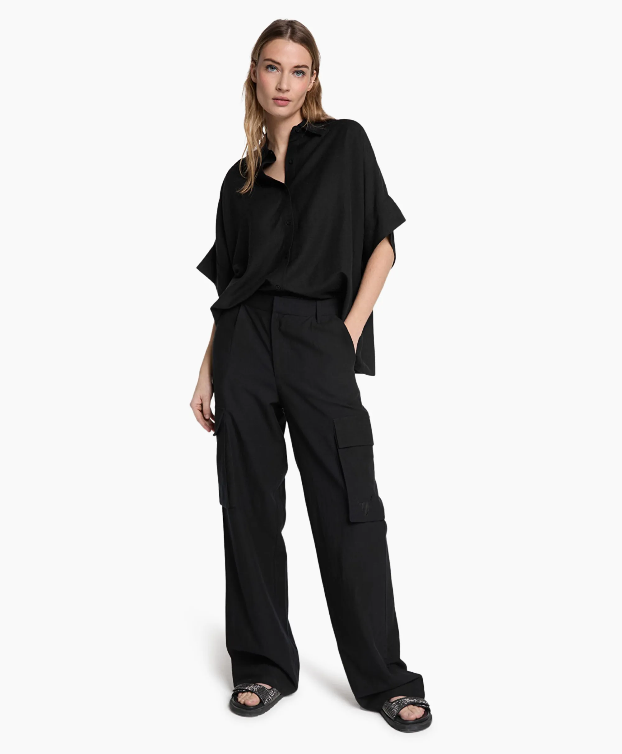 Alix The Label Cargobroek Woven Linen Cargo Zwart*Dames Broeken