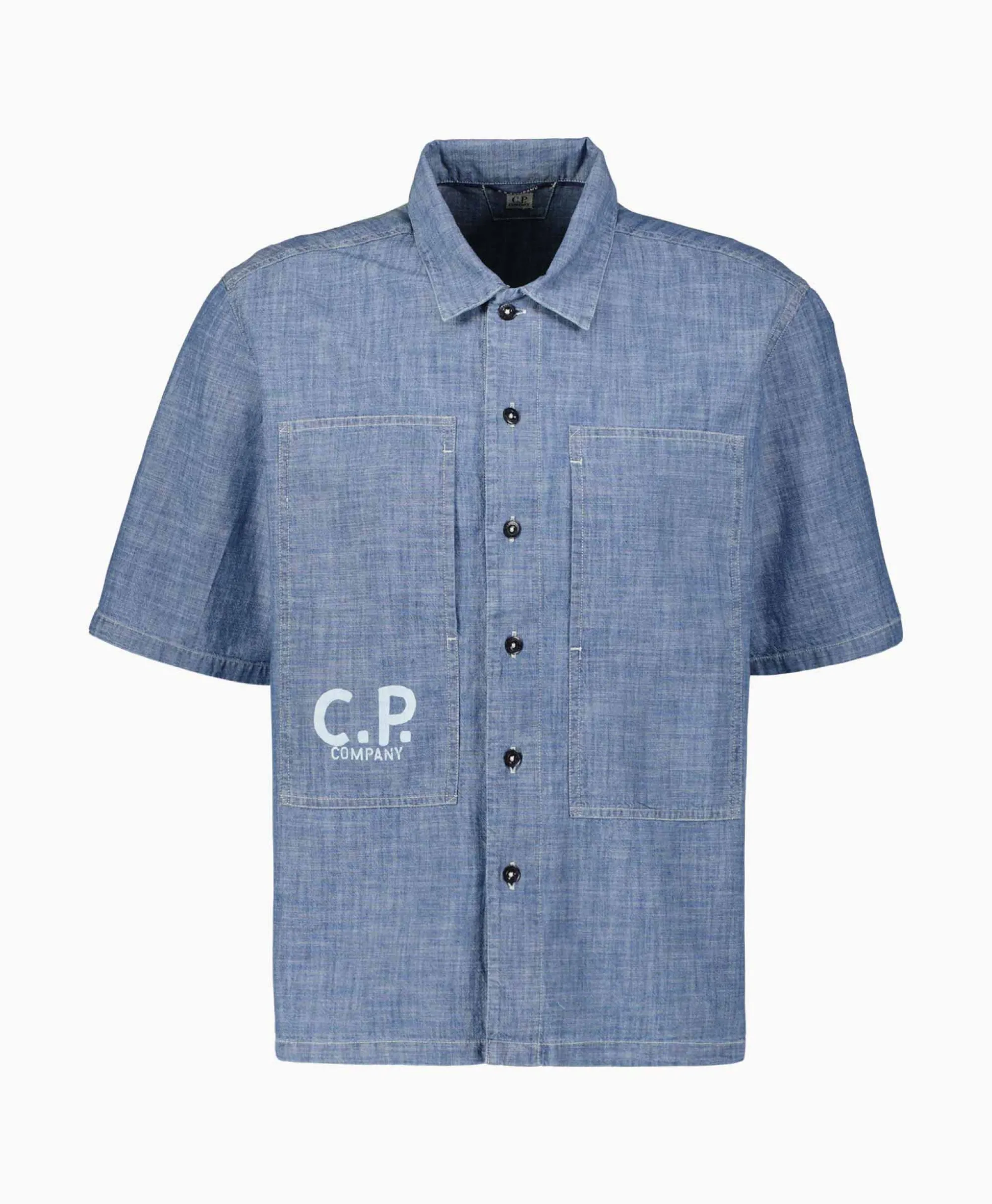 Cp Company T-Shirt Chambray Short Sleeved Logo Blauw*Heren T-Shirts