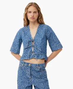 Ganni Blouse Jacquard Denim Flounce Tie Midden Blauw*Dames Blouses