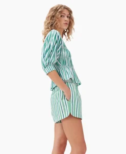 Ganni Blouse Stripe Cotton V-Neck Fitted Groen*Dames Blouses