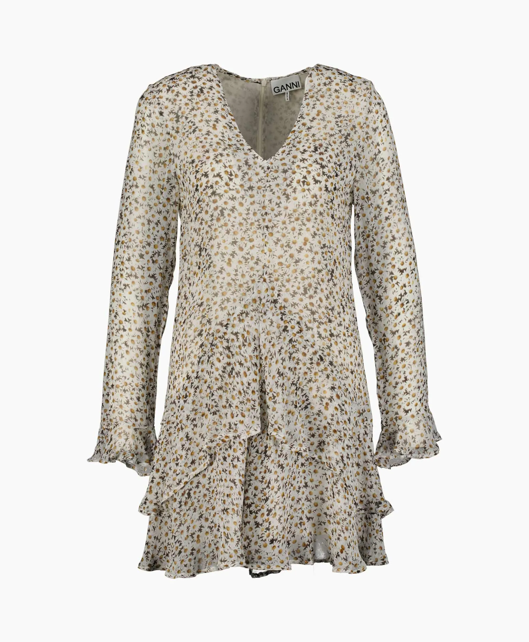 Ganni Mini Jurk Printed Light Georgette Dress Ecru*Dames Jurken